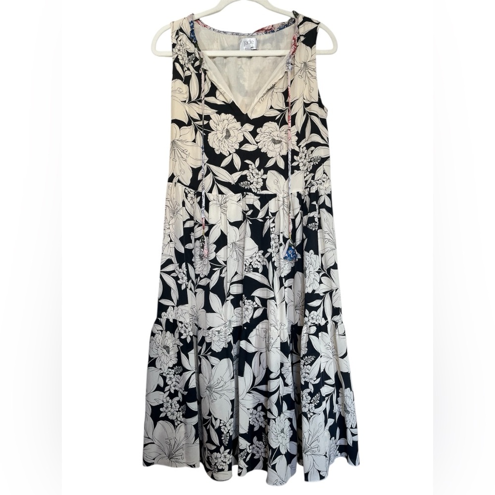 Jade Johnny Was Silk Floral Midi Dress Sleeveless V-Neck Black Ivory S